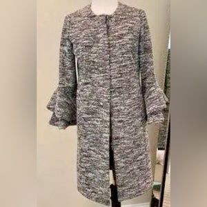 Emerson Rose black & white long jacket Sz Large ruffle must have HOLIDAY PARTY